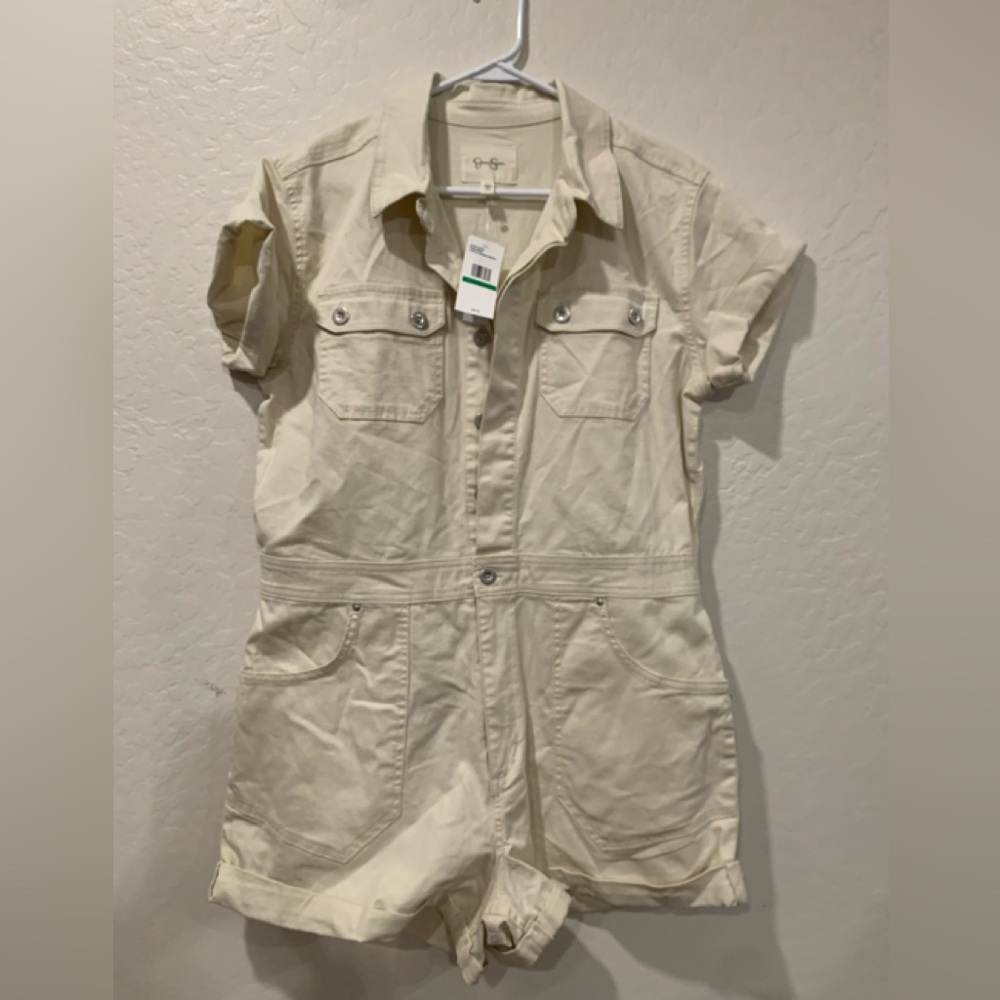 Women's Cream Short Sleeve Jumpsuit - Picture 2 of 5